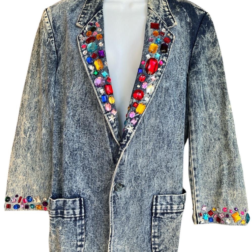 Vintage 80’s Embellished Denim acid wash Jean Jacket Sz M or L? See measurements